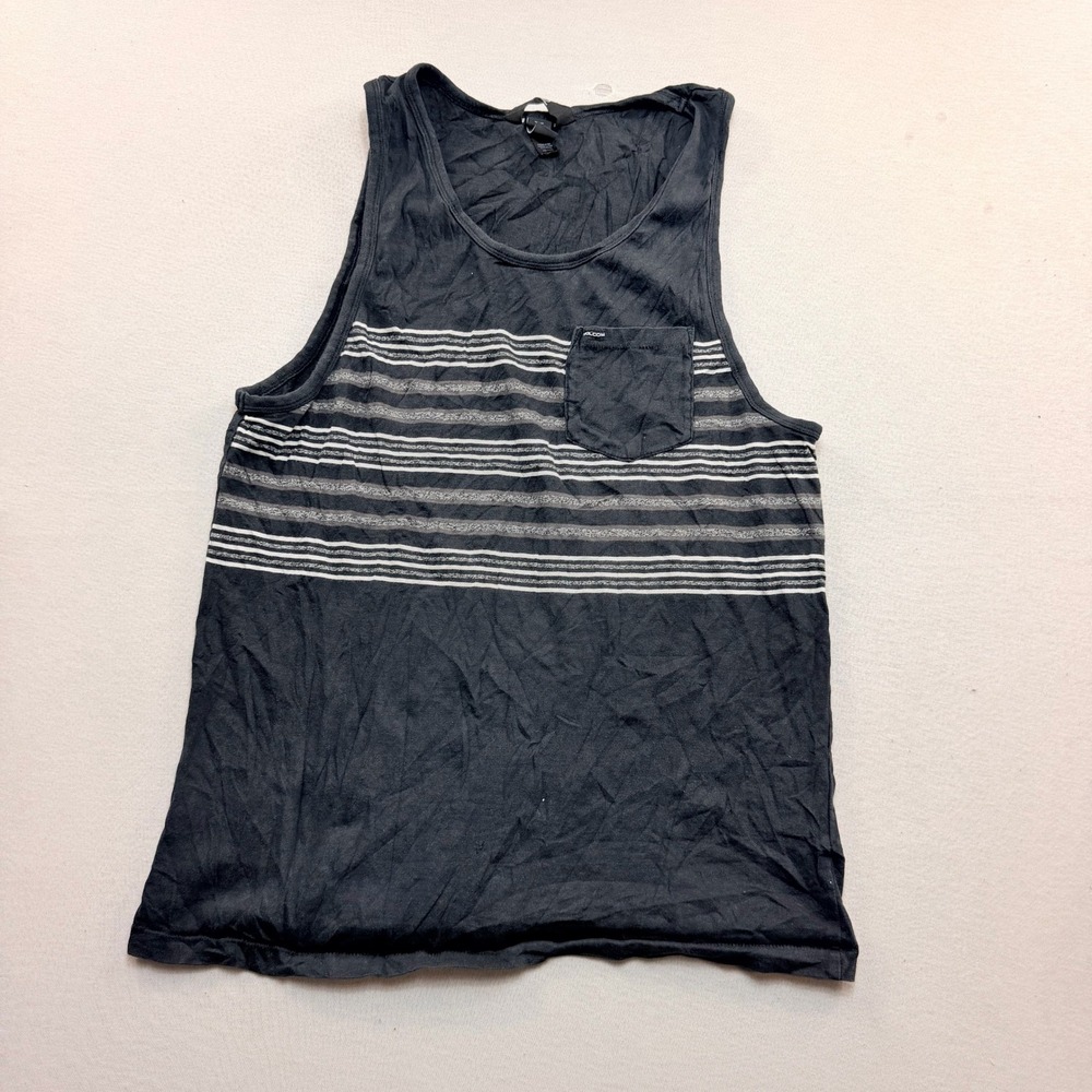 Volcom Tank Top Mens Small Black Excellent Striped Pocket Sleeveless Tee